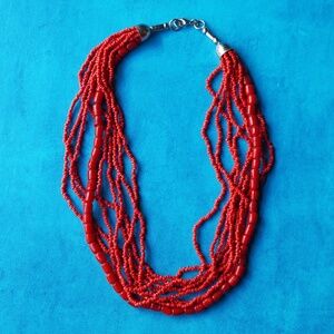 Vintage 1990s Faux Coral Multi-Strand Beaded Necklace (17")